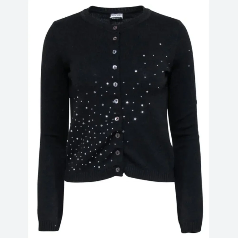 Auc Moschno Rhinestones embellished Lana Wool Black cardigan S - Picture 6 of 14